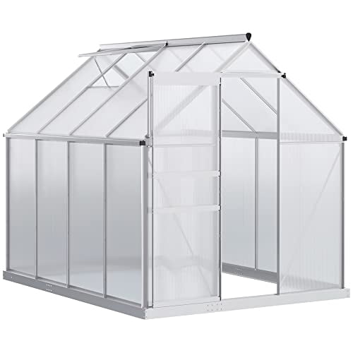 Outsunny 8' x 6' Aluminum Outdoor Greenhouse, Polycarbonate Walk-in Garden Greenhouse Kit with Adjustable Roof Vent, Rain Gutter and Sliding Door for Winter, Silver