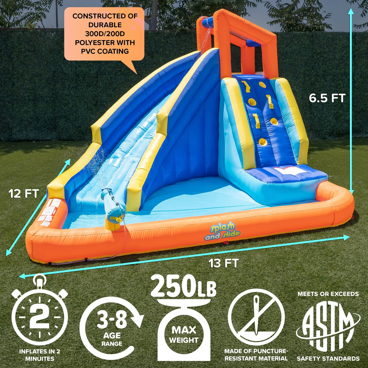 2026 NewSportspower�?Big Wave II Inflatable Water Slide with Climbing Wall & Splash Pool, Ages 3-8, Heavy Duty, ASTM Certified, Lifetime Warranty on Included Blower