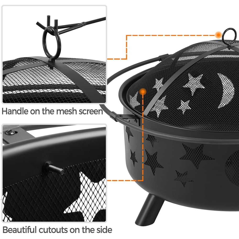 Yaheetech Round Fire Pit with Stars Moons Pattern, Black