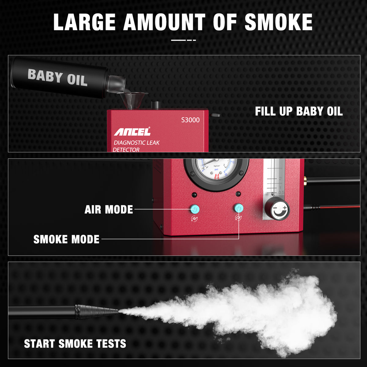 ANCEL S3000 Car Smoke Leak Detector Automotive EVAP Smoke Machine Dual Mode Leakage Analyzer Pipe Leakage Tester Locator with Oil Level Gauge & Air Flowmeter for Cars Motorcycles All Systems Pipes