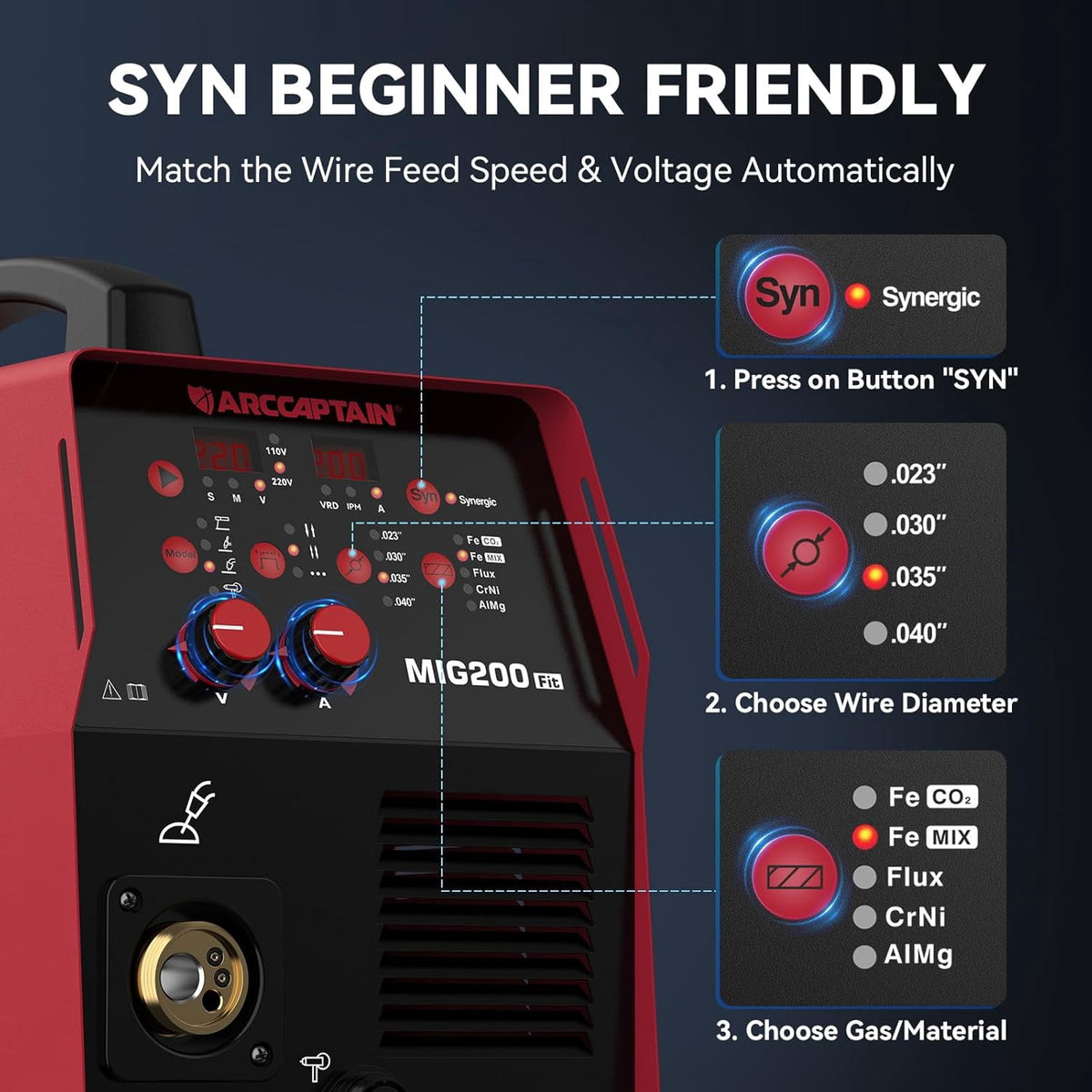 ARCCAPTAIN 6 in 1 MIG Welder, 200A Welding Machine Multiprocess 110V/220V, Flux Core MIG/Gas MIG/Lift TIG/Stick/Spool Gun MIG/Spot Welder with Synergy