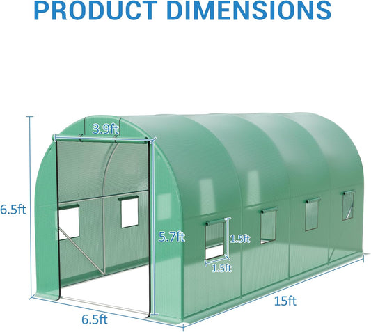 Garvee Tunnel Walk-In Greenhouse, 15 x 6.5 x 6.5 ft, Galvanized Steel Frame, 8 Vents & Roll-up Door