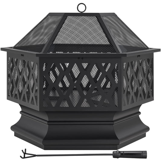 Yaheetech 28" Hex Shaped Fire Pit with Spark Screen, Black