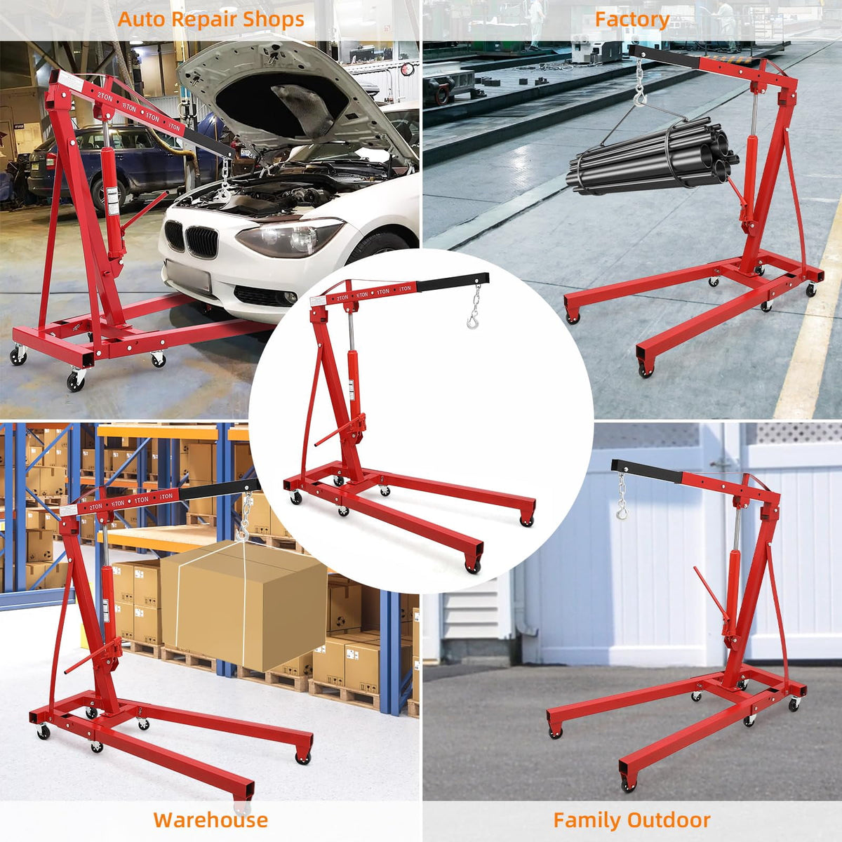 Yiwa Foldable 2 Ton Engine Hoist, Cherry Picker with Four Adjustable Positions and Wheels, 4400 Lbs Maximum Lift, Designed for Efficient Industrial and Workshop Applications