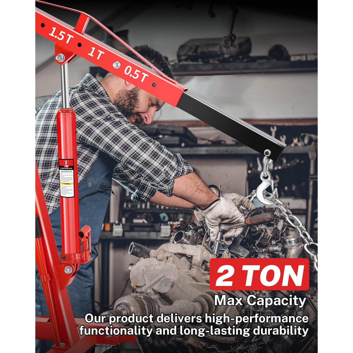 2-Ton Folding Hydraulic Shop Crane w/6 Steel Casters – Portable Engine Hoist for Cars, Tractors, Boats | 4-Height Adjustable Boom, Rust-Proof (4400LB Capacity)