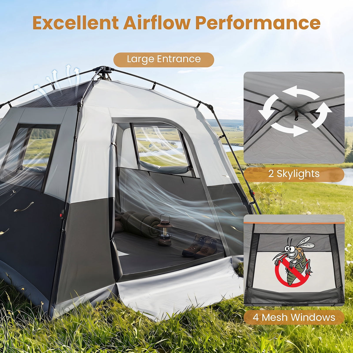 Costway 6-Person Outdoor Camping Tent with Rainfly & Carrying Bag, 3000mm Water-Resistant Gray
