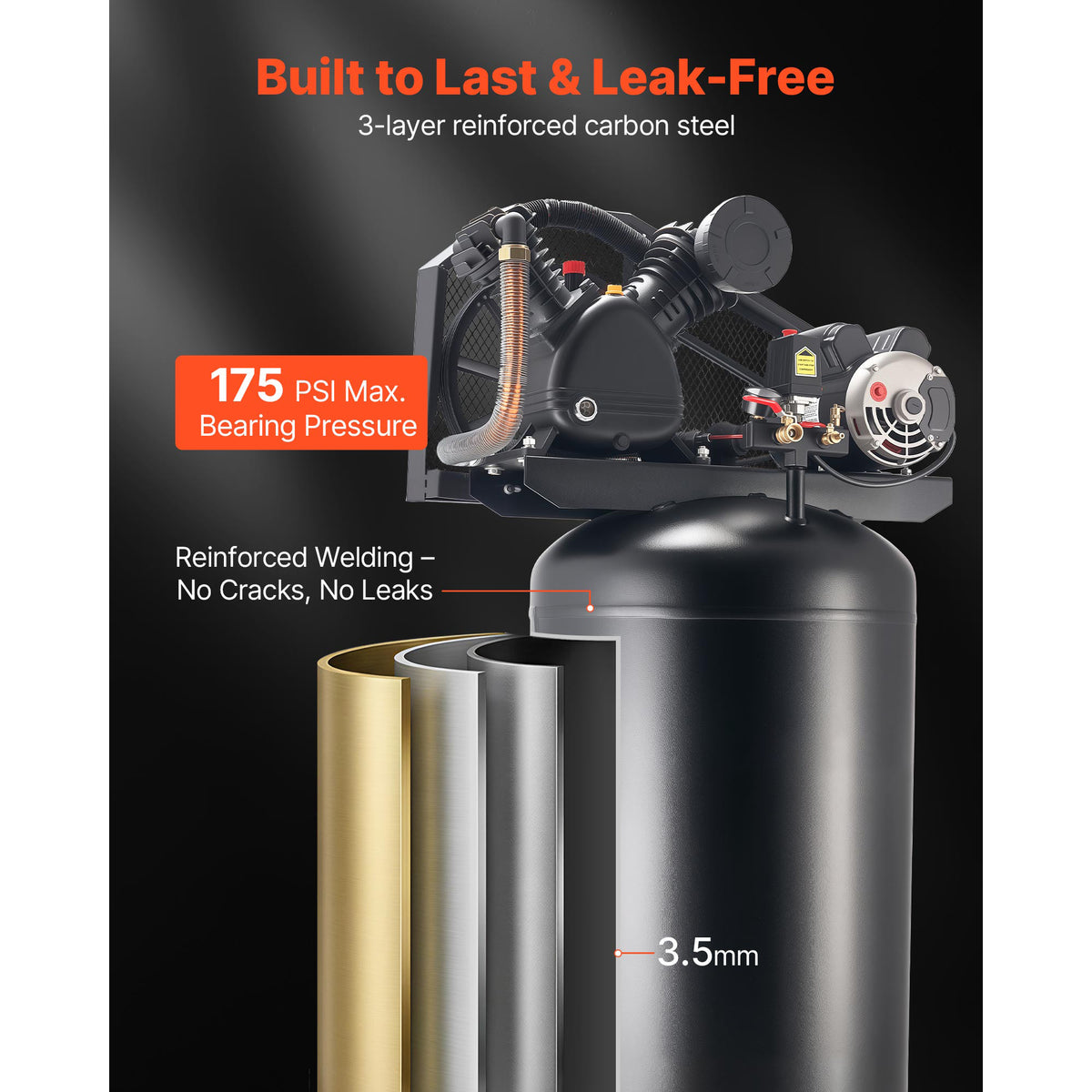 KFFKFF 80 Gallons Heavy-Duty Air Compressor, 5HP 10 SCFM at 90PSI Air Compressors Max 175PSI Pressure, Oil-Lubricated Compressor Tank(230V 60Hz, No-Plug)