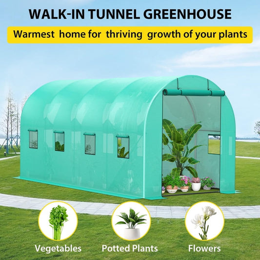 Walk-in Greenhouse with Dual Roll-Up Zipper Doors and 8 Windows, Heavy-Duty Galvanized Steel Frame, Green 140g/m² PE Cover for Outdoor Gardening and Plant Protection