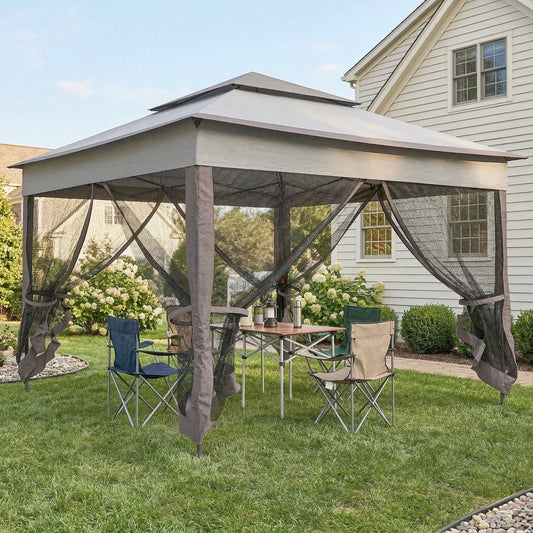 11'x11' Pop Up Gazebo 2-Tier Soft Top Gazebo w/ Mesh Netting, Mixed Grey