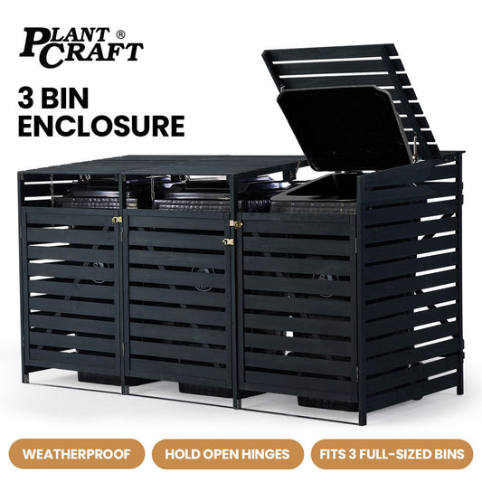 PLANTCRAFT Triple Wood Wheelie Bins Storage Shed, 3 Door Garbage Rubbish Bin Enclosure