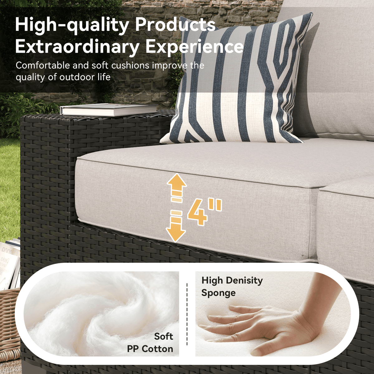 Clouddwell 6-Piece Outdoor Patio Set, 8-Inches Widen Armrest, All-Weather Wicker Sectional with Coffee Table, Grey