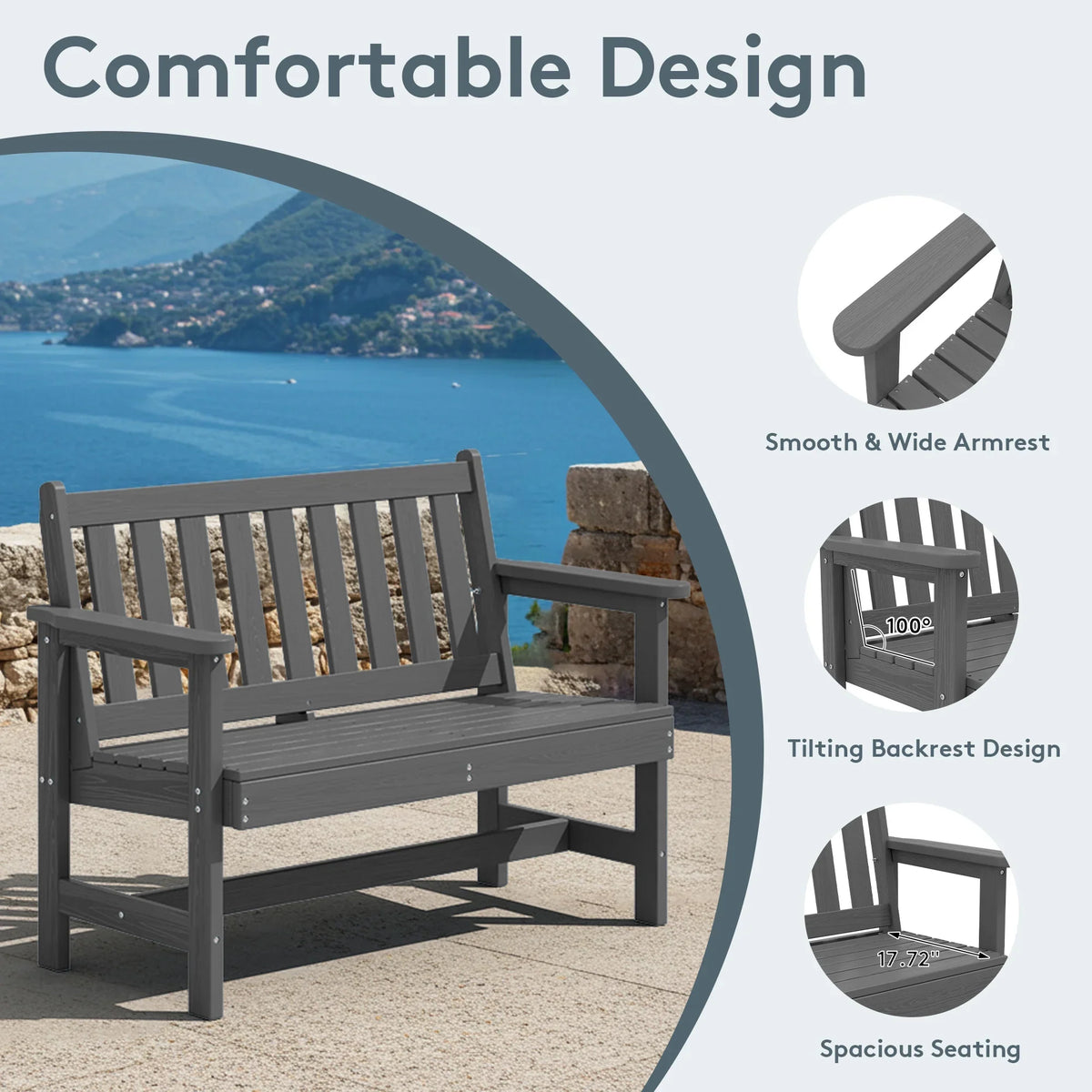 2026 NewSERWALL Outdoor Bench for 2-Person, Weather-Resistant HDPE with Aluminum Reinforcement, Supports 660 lbs, Comfortable Seating for Patio, Garden, and Porch, Black