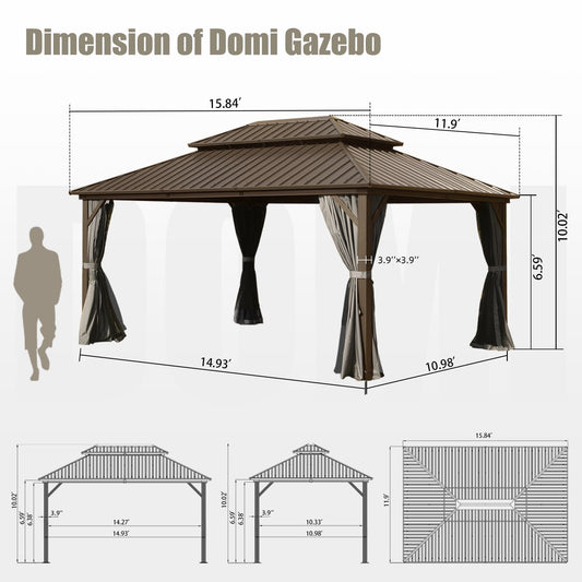 Domi Outdoor 12x16 ft Hardtop Gazebo Canopy Metal with Galvanized Steel Double Roof,Curtain & Netting for Patio Deck Backyard, Brown