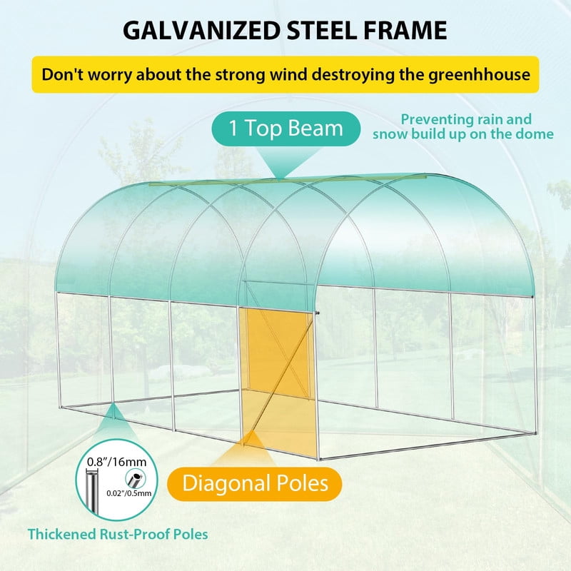 Walk-in Greenhouse with Dual Roll-Up Zipper Doors and 8 Windows, Heavy-Duty Galvanized Steel Frame, Green 140g/m² PE Cover for Outdoor Gardening and Plant Protection
