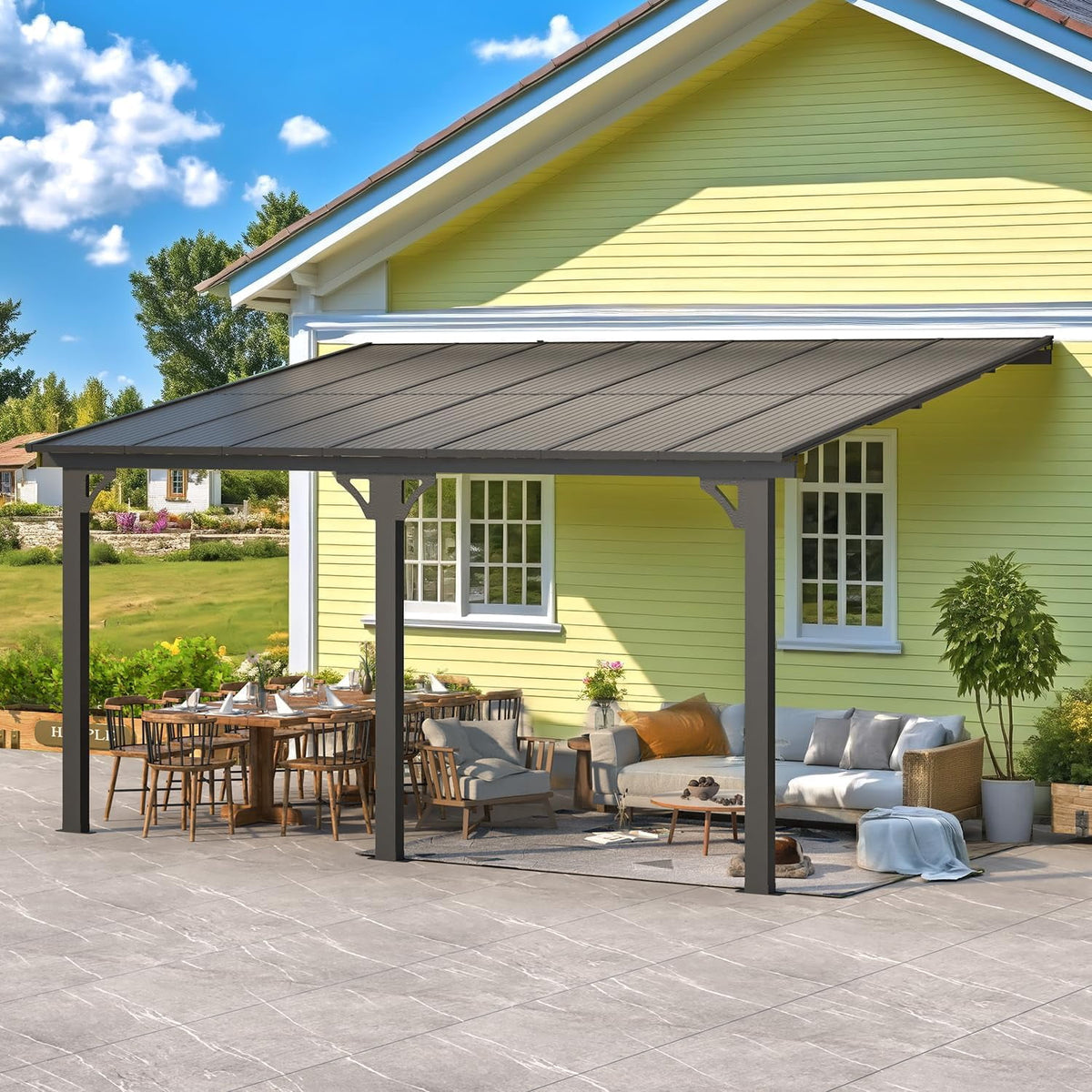 AECOJOY 10' x 14' Wall-Mounted Hardtop Gazebo Outdoor Aluminum Pergola with Adjustable Height for Garden, Patio, Backyard-Gray