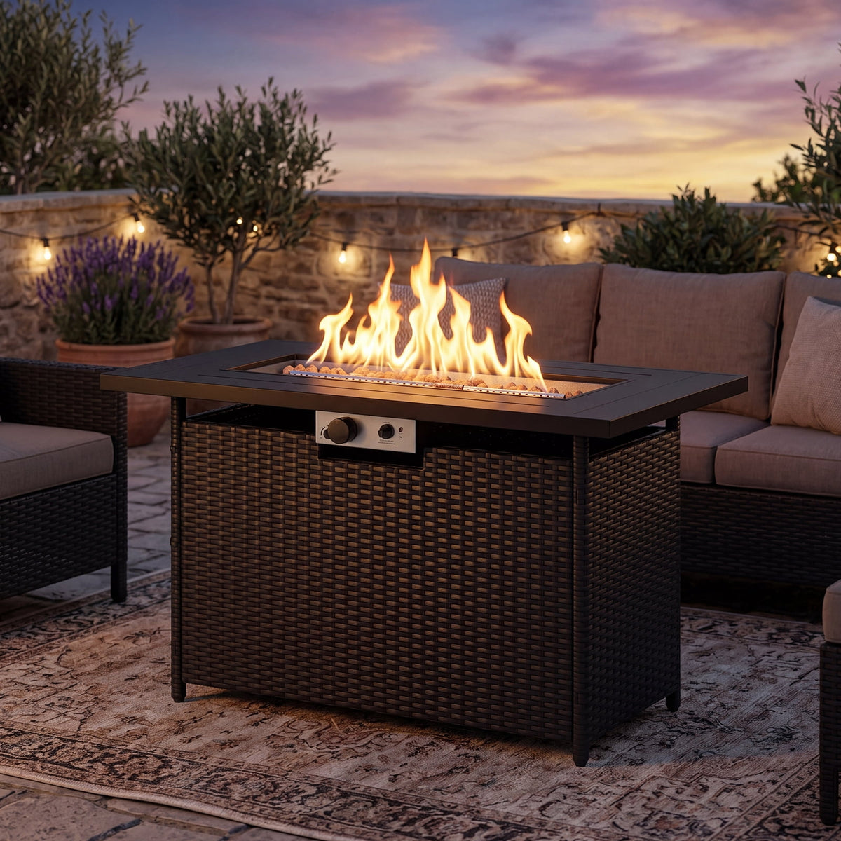 Gymax Propane Fire Pit Table 50000 BTU Wicker Gas Firepit w/ Hidden Tank Storage