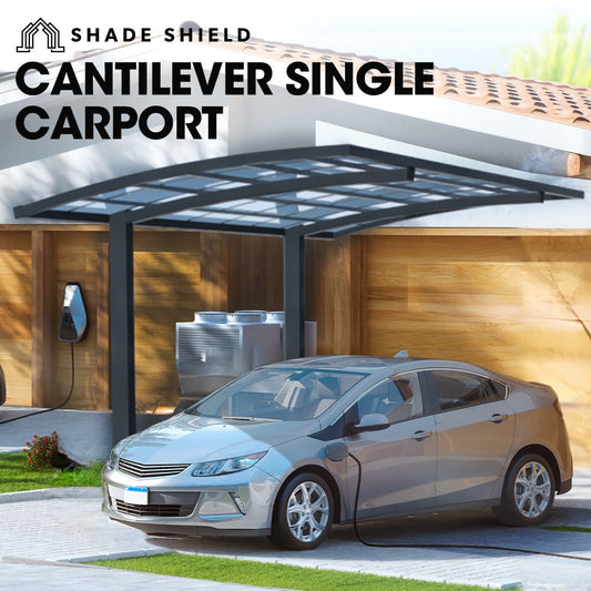 SHADE SHIELD Single Cantilever Carport 3.0m x 5.5m x 2.98m, Aluminium Alloy Frame, Polycarbonate Roof, Shelter for Car or Outdoor Living