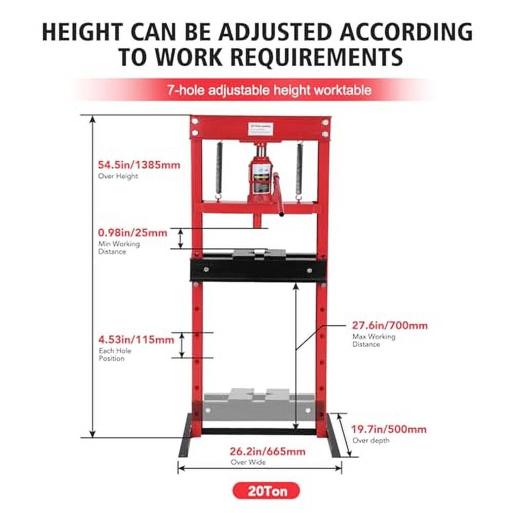 2025 New 6/12/20 Ton Hydraulic Press, Benchtop Hydraulic Shop Press, H-Frame Garage Floor Press with Press Plates, Adjustable Working Table Height