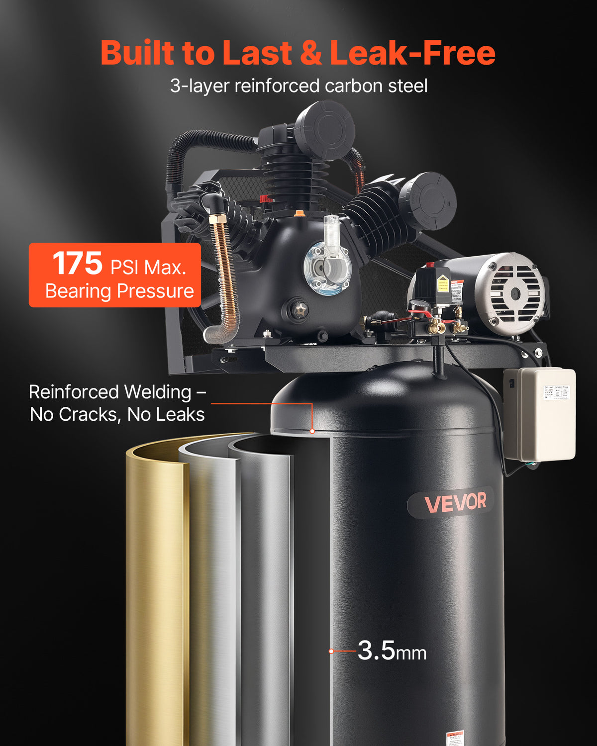 VEVOR 80 Gallons Heavy-Duty Air Compressor, 10HP 17 SCFM at 90PSI Air Compressors Max 175PSI, Oil-Lubricated Compressor Tank(230V 3-Phase, No Plug)