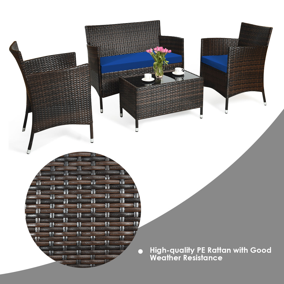 Patiojoy 4-Piece Patio Rattan Wicker Furniture Set Sofa Chair Table Set w/ Navy Cushions