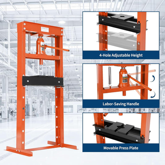 20 Ton Hydraulic Shop Press, H-Frame, 7-Hold Adjustable Height, with Movable Plates and Dust Cover, for Garage or Professional Users, Orange