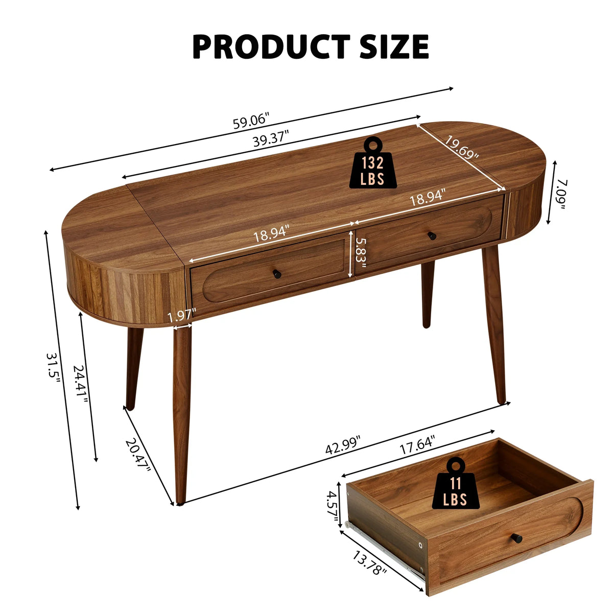 2026 NewYOCWO Modern Home Office Desk with 2 Drawers and 2 Fflip-top Storage, Oval Computer PC Desk Table, Vanity Desk with Fluted Curved Table Edge, Walnut