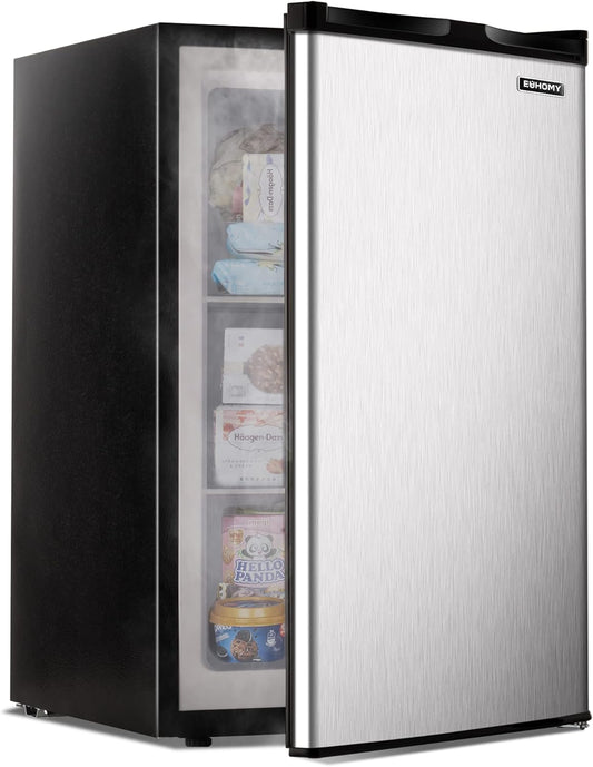 Upright freezer, 3.0 Cubic Feet, Single Door Compact Mini Freezer with Reversible Stainless Steel Door, Small freezer for Home/Dorms/Apartment/Office (Silver)