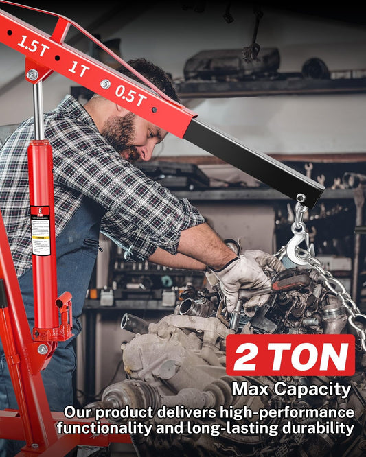 Red 2 Ton Folding Hydraulic Engine Hoist, Heavy Duty Shop Crane with 6 Locking Casters and 4 Boom Positions for Garage and Workshop