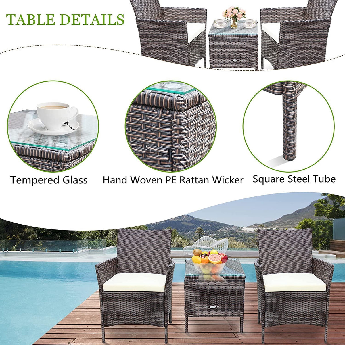 Homall 3 Pieces Outdoor Patio Furniture PE Rattan Wicker Table and Chairs Set Bar Set with Cushioned Tempered Glass, Brown/Beige, 2