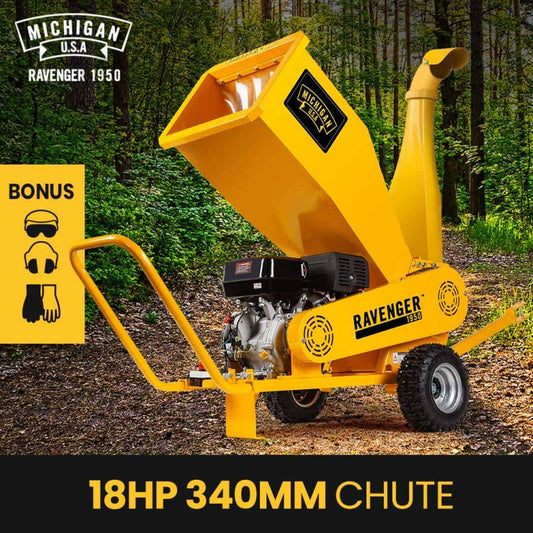 MICHIGAN 18HP 420cc Petrol Commercial Wood Chipper, Towable, Tree Mulcher - Ravenger 1950