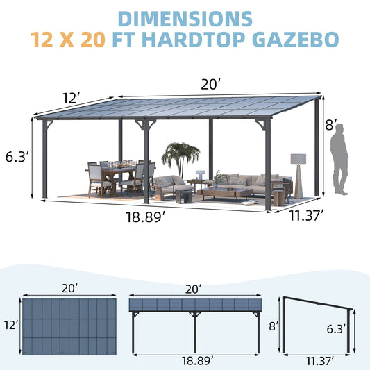 AECOJOY 20 x 12 Ft Wall-Mounted Hardtop Gazebo, Polycarbonate Roof & Metal Frame, Dark Grey