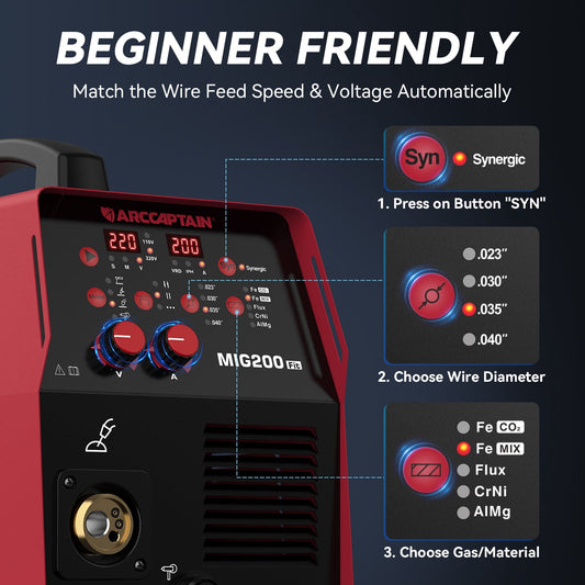 ARCCAPTAIN 200A MIG Welder 6-in-1 110V/220V Dual Voltage Welder Machine, Aluminum Welding with Spool Gun & Spot MIG, Flux Core/TIG/Stick Welding