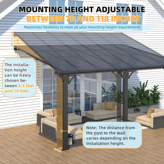 AECOJOY 10' x 14' Wall-Mounted Hardtop Gazebo Outdoor Aluminum Pergola with Adjustable Height for Garden, Patio, Backyard-Gray