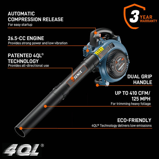 SENIX BL4QL-L 125 MPH at 410 CFM 26.5cc Gas Powered Handheld Leaf Blower