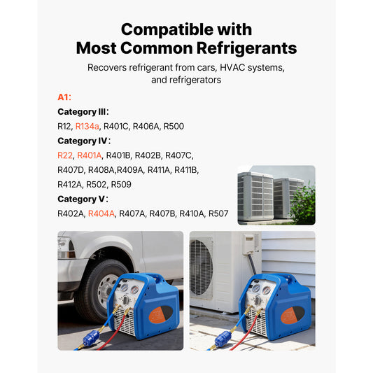 KFFKFF Portable Refrigerant Recovery Machine, 3/4 HP 120V 60Hz Single Cylinder AC Recovery Machine for Liquid Vapor Refrigerant, 1750 RPM Recycling Unit HVAC