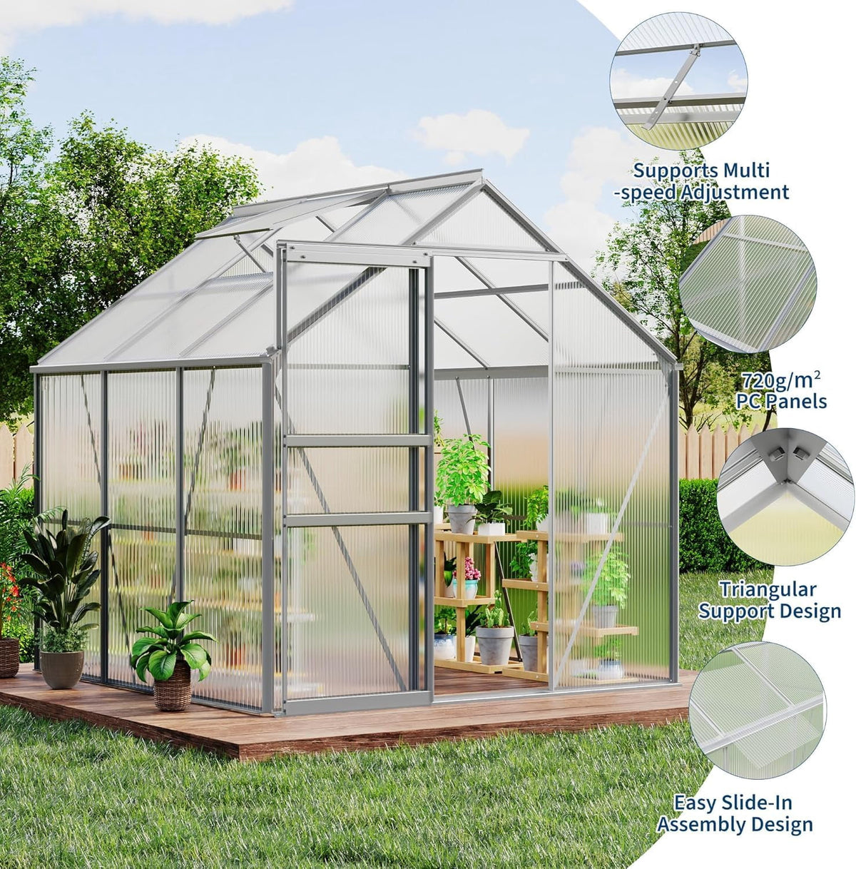 Heavy Duty Polycarbonate Greenhouse 6x6 FT – Sturdy Aluminum Frame, Lockable Sliding Door, Adjustable Roof Vent, Rain Gutter – Walk-In Outdoor Garden Greenhouse for All Weather, Patio, Backyard, Black