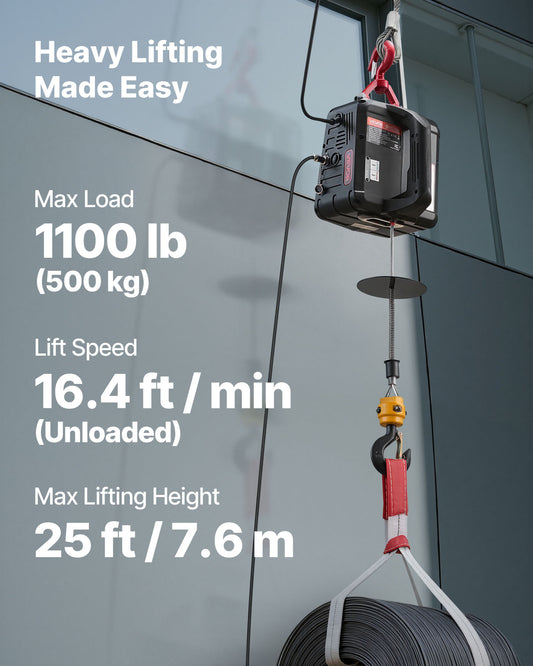 VEVOR 2-in-1 Electric Hoist Winch, 1100 lbs Capacity, 1500W Portable Power Winch Crane, 25 ft Lifting Height, 16.4 ft/min with Manual and Wired Remote Control