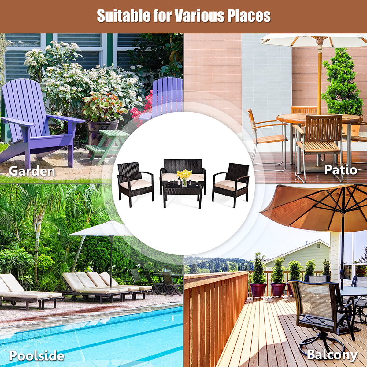 Costway 4PCS Patio Rattan Conversation Furniture Set Cushioned Seat Glass Table