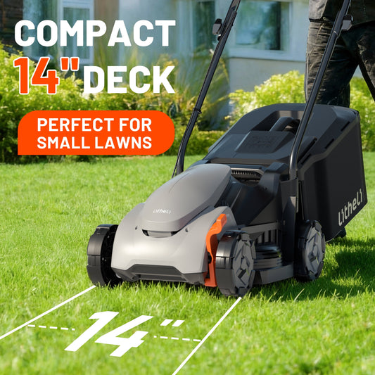 Litheli 20V Cordless Electric Lawn Mower, 14-Inch, Brushless Motor, 5-Position Height Adjustment, with 5.0Ah Battery, for Lawns & Gardens