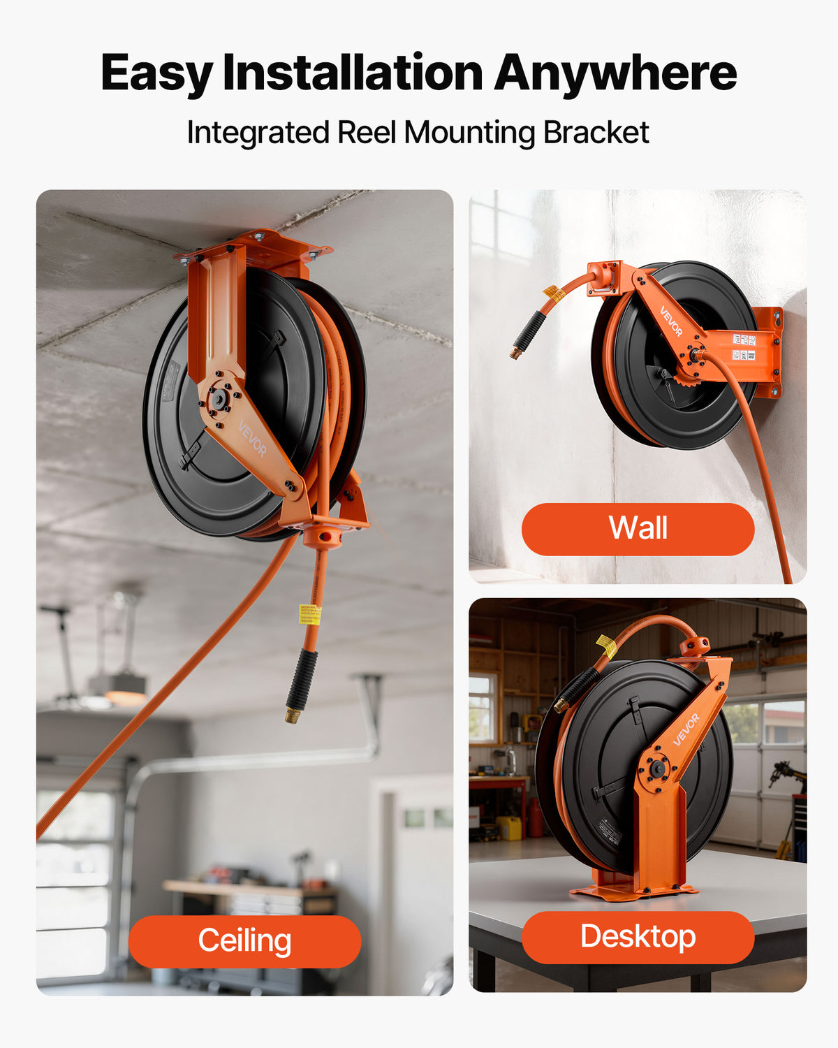 VEVOR Retractable Air Hose Reel, 1/2 Inch x 50 FT Rubber Air Hose Max 300PSI, Auto Rewind Air-Compressor Hoses Reel