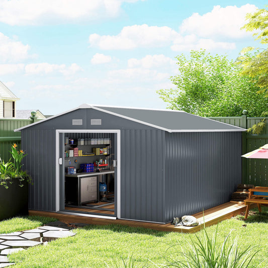 Outsunny 11' x 13' Garden Storage Shed with Foundation Kit, Metal Tool Storage House with Double Doors for Outdoor Patio Yard, Grey