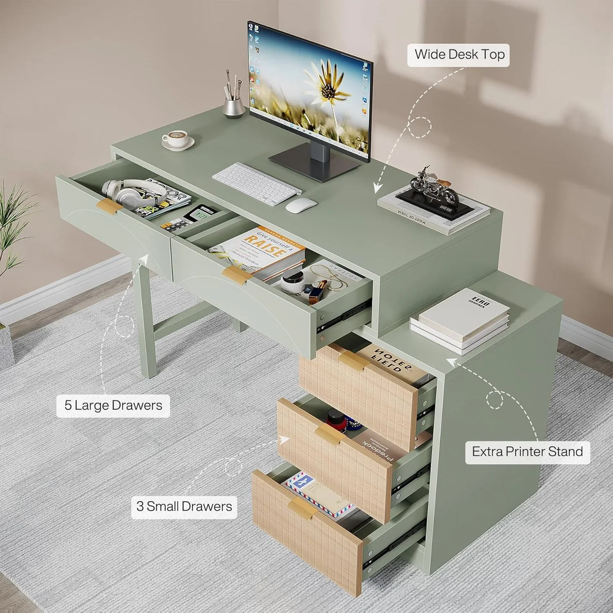 2026 NewTribesigns 39" Reversible Computer Desk with 5 Drawers, Wood Writing Desk for Home Office, Green