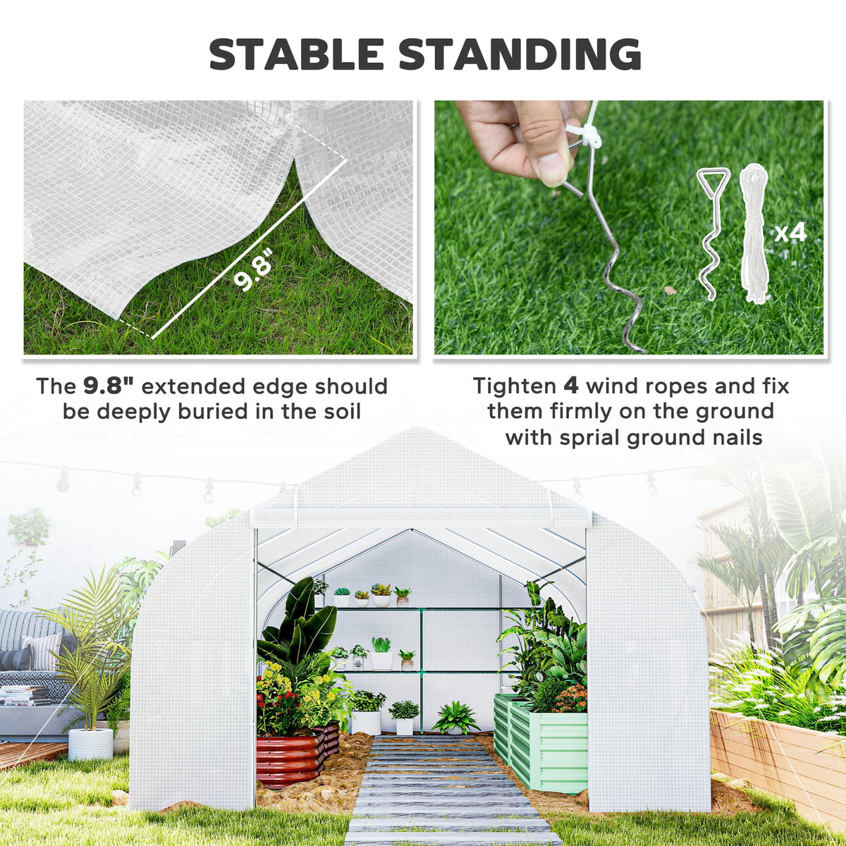 Outsunny 20x10x7ft Walk-in Steeple Greenhouse Outdoor Backyard Plant Seed Growth Shed Tunnel Warm House with 2 Anchor Way Green