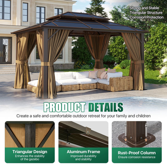 Clouddwell 10'x12' Hardtop Gazebo - Polycarbonate Double Roof with Netting & Curtains for Patio, Garden Sun Protection,Brown