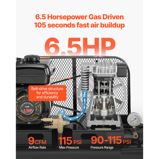 KFFKFF 9 Gallon Twin-Tank Gas Powered Air Compressor, 6.5HP 9CFM Gas Driven Air Compressor Tank on Wheel, Max 115PSI Piston Pump Air-Compressed System