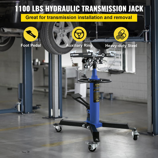 VEVOR Transmission Jack,1/2ton (1100 lbs) Capacity Hydraulic Telescopic Transmission Jack, 2-Stage Floor Jack Stand with Foot Pedal, 360° Swivel Wheel, Garage/ Shop Lift Hoist, Blue