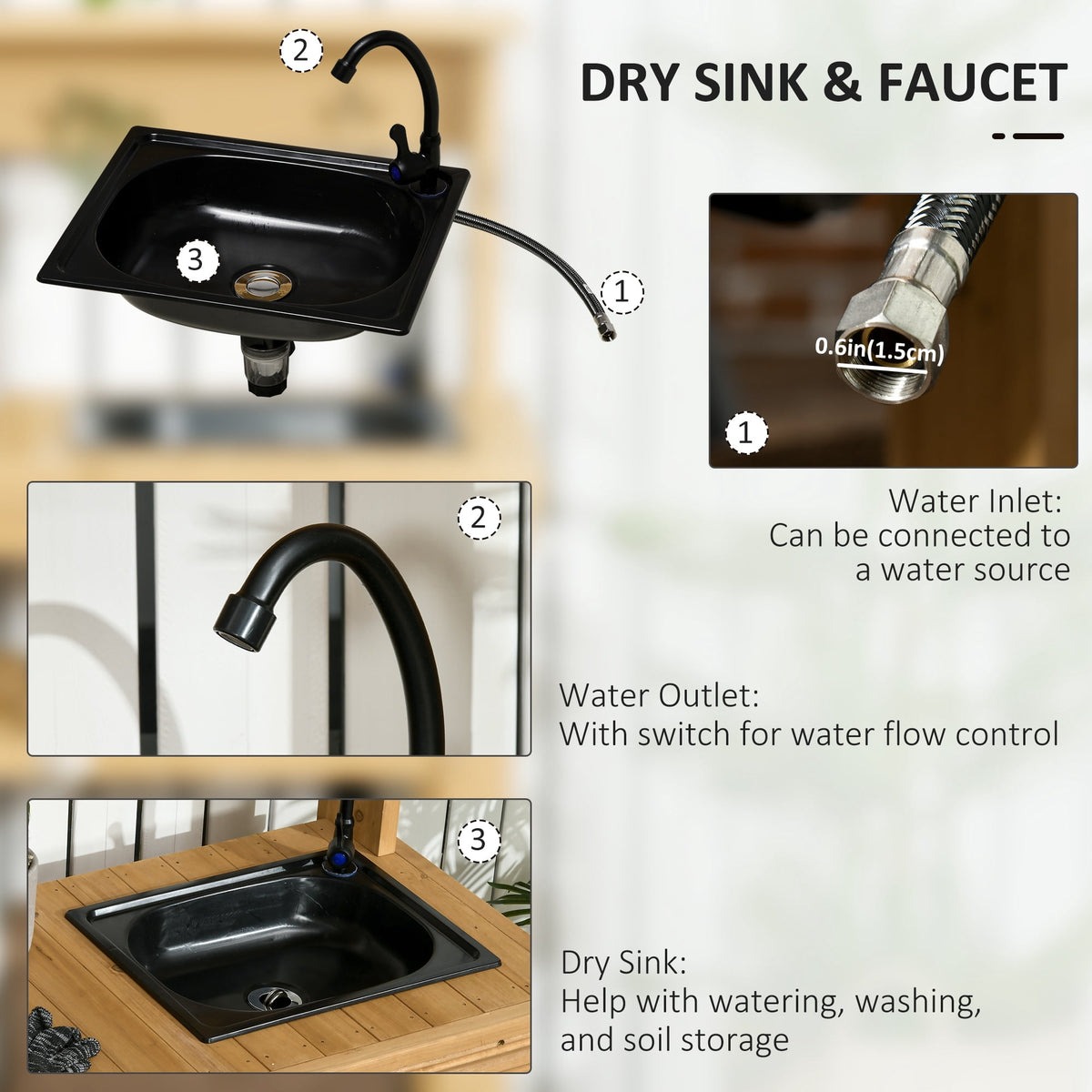 Outsunny Potting Benches for Outside, Solid Wood, Gardening Bench, Removable Sink, Metal Faucet, Ample Storage