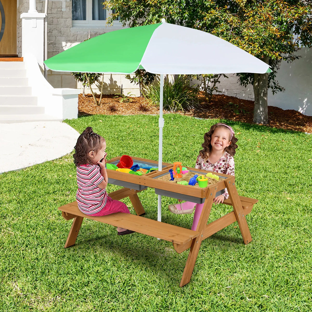 2026 NewCostway 3-in-1 Kids Picnic Table Wooden Outdoor Sand & Water Table with Umbrella Play Boxes Green