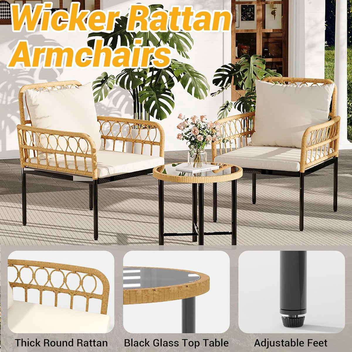 Ourlova 3 Piece Outdoor Patio Furniture Set All Weather Rattan Patio Bistro Set with Glass Top Side Table Cushions All-Weather Rattan Balcony Furniture Set for Porch Backyard Lawn Apartment