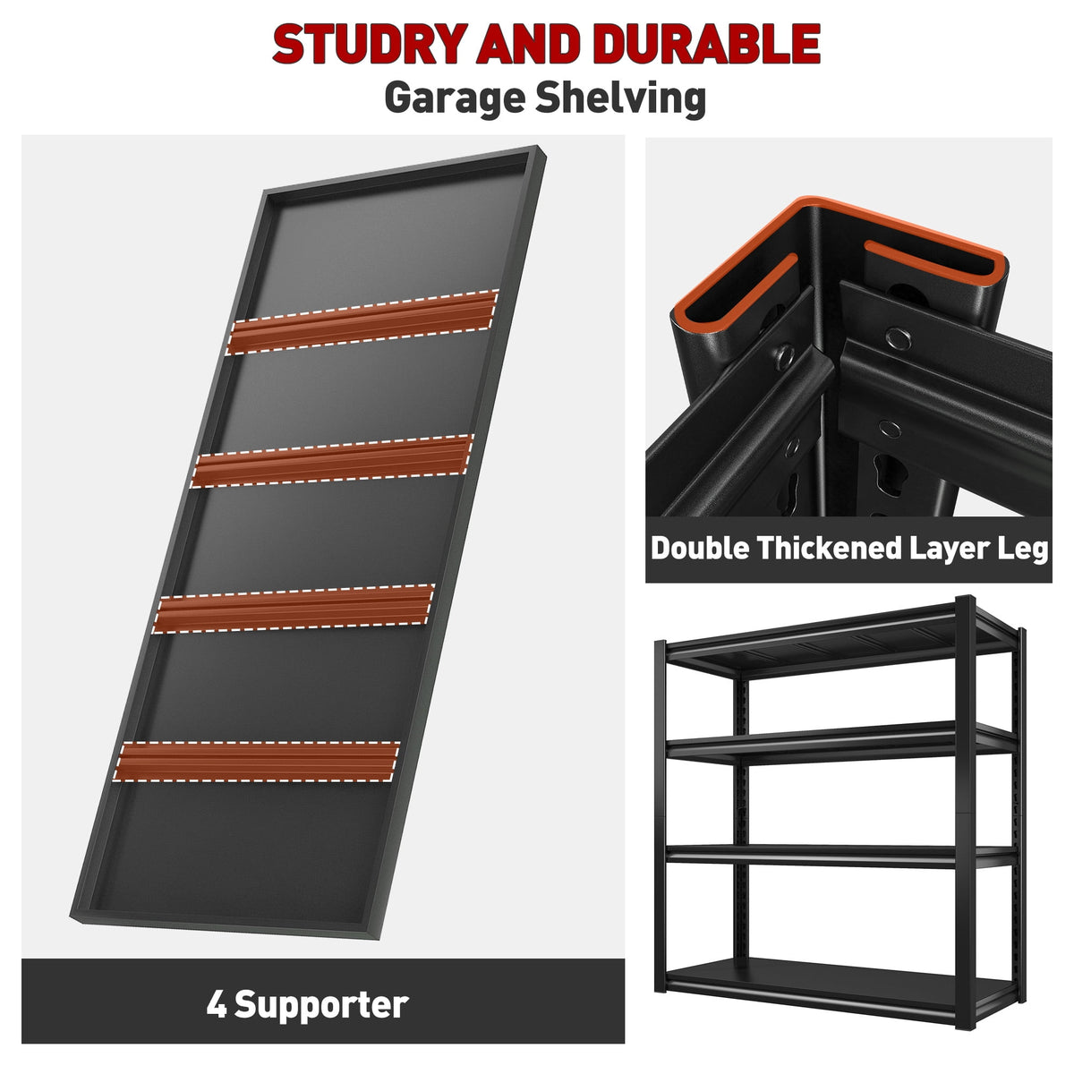 Exenoray 4-Tier Metal Shelving Unit for Garage, 1600lbs Capacity, Heavy Duty Adjustable Storage Rack for Tools, 19"D x 40"W x 57"H Black